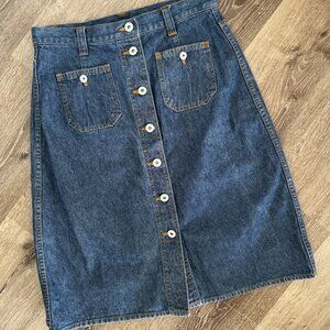 Vtg 90s Nevada Jeanswear stonewashed indigo denim button-up a-line midi skirt M